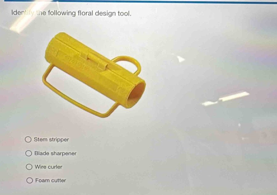 identify the following floral design tool. stem stripper blade sharpener wire curler foam cutter