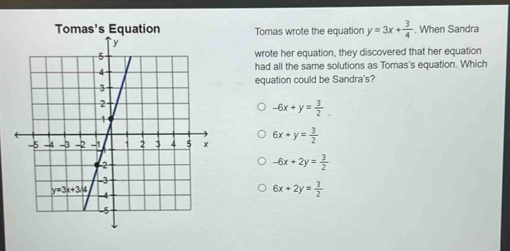 tomass equation tomas wrote the equation y = 3x + 3/4. when sandra wrote her equation, they discovered that her equation had all the same solutions as tomass equation. which equation could be sandras? -6x + y = 3/2 6x + y = 3/2 -6x + 2y = 3/2 6x + 2y = 3/2