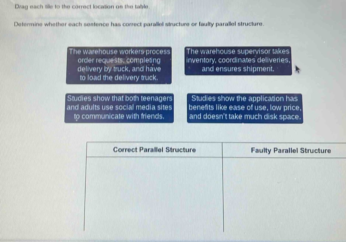 drag each tile to the correct location on the table. determine whether each sentence has correct parallel structure or faulty parallel structure. the warehouse workers process order requests, completing delivery by truck, and have to load the delivery truck. the warehouse supervisor takes inventory, coordinates deliveries, and ensures shipment. studies show that both teenagers and adults use social media sites to communicate with friends. studies show the application has benefits like ease of use, low price, and doesnt take much disk space. correct parallel structure faulty parallel structure