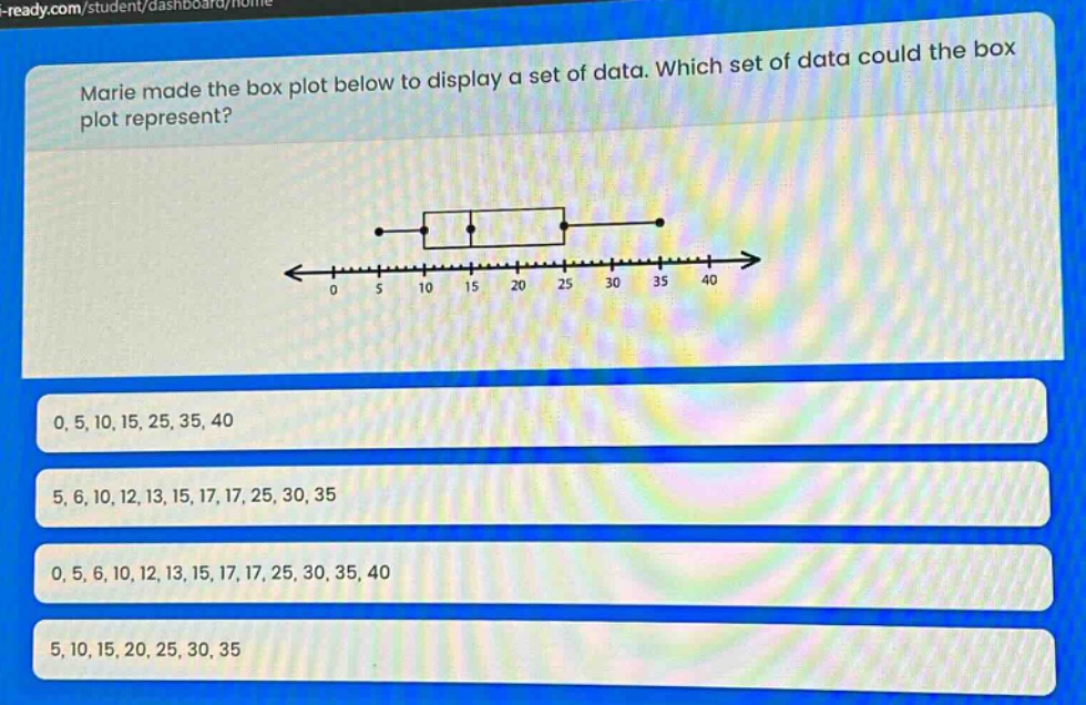 marie made the box plot below to display a set of data. which set of data could the box plot represent? 0, 5, 10, 15, 25, 35, 40 5, 6, 10, 12, 13, 15, 17, 17, 25, 30, 35 0, 5, 6, 10, 12, 13, 15, 17, 17, 25, 30, 35, 40 5, 10, 15, 20, 25, 30, 35