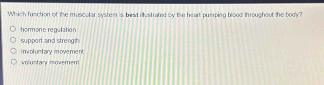 which function of the muscular system is best illustrated by the heart pumping blood throughout the body?\no hormone regulation\no support and strength\no involuntary movement\no voluntary movement
