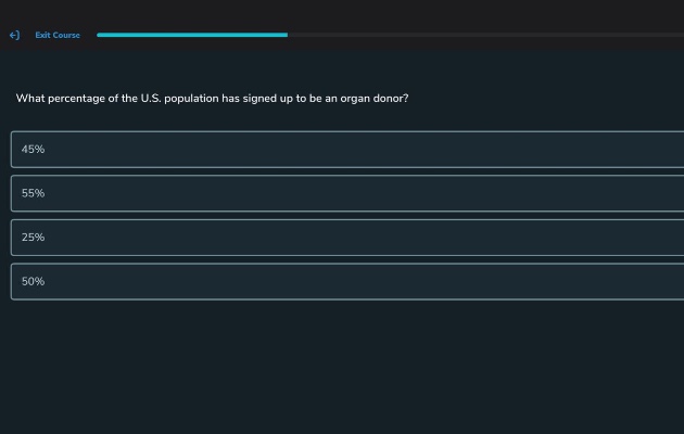 what percentage of the u.s. population has signed up to be an organ donor? 45% 55% 25% 50%