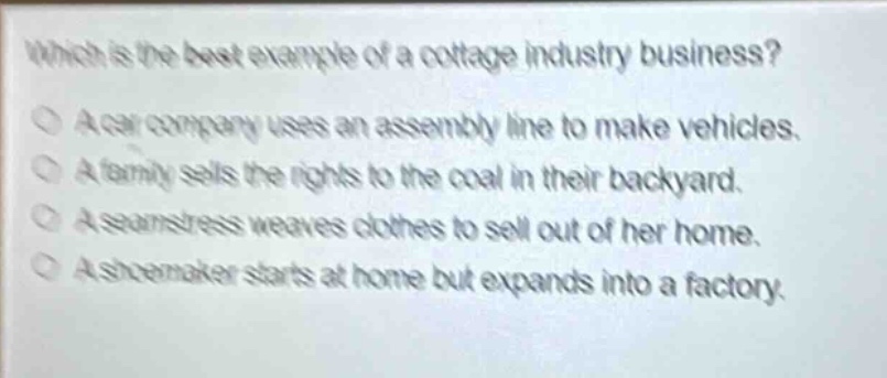 which is the best example of a cottage industry business? a car company uses an assembly line to make vehicles. a family sells the rights to the coal in their backyard. a seamstress weaves clothes to sell out of her home. a shoemaker starts at home but expands into a factory.