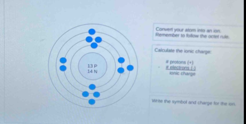 convert your atom into an ion. remember to follow the octet rule. calculate the ionic charge: # protons (+) - # electrons (-) ionic charge write the symbol and charge for the ion.