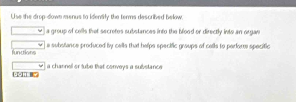 use the drop - down menus to identify the terms described below. a group of cells that secretes substances into the blood or directly into an organ a substance produced by cells that helps specific groups of cells to perform specific functions a channel or tube that conveys a substance done