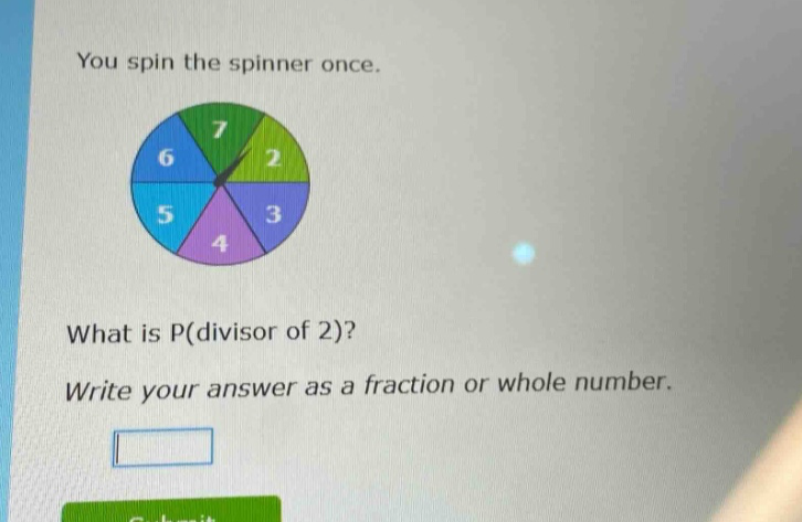 you spin the spinner once. what is p(divisor of 2)? write your answer as a fraction or whole number.