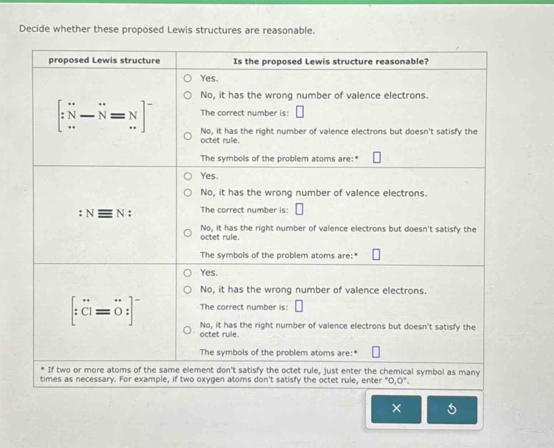 decide whether these proposed lewis structures are reasonable. proposed lewis structure is the proposed lewis structure reasonable? yes. no, it has the wrong number of valence electrons. the correct number is: no, it has the right number of valence electrons but doesnt satisfy the octet rule. the symbols of the problem atoms are:* yes. no, it has the wrong number of valence electrons. the correct number is: no, it has the right number of valence electrons but doesnt satisfy the octet rule. the symbols of the problem atoms are:* yes. no, it has the wrong number of valence electrons. the correct number is: no, it has the right number of valence electrons but doesnt satisfy the octet rule. the symbols of the problem atoms are:* * if two or more atoms of the same element dont satisfy the octet rule, just enter the chemical symbol as many times as necessary. for example, if two oxygen atoms dont satisfy the octet rule, enter \o,o\.