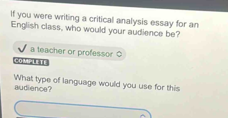 if you were writing a critical analysis essay for an english class, who would your audience be? a teacher or professor complete what type of language would you use for this audience?