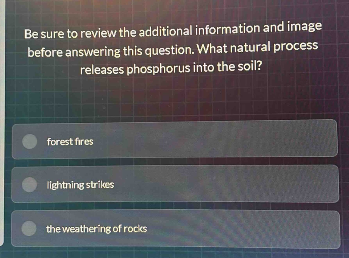 be sure to review the additional information and image before answering this question. what natural process releases phosphorus into the soil? forest fires lightning strikes the weathering of rocks