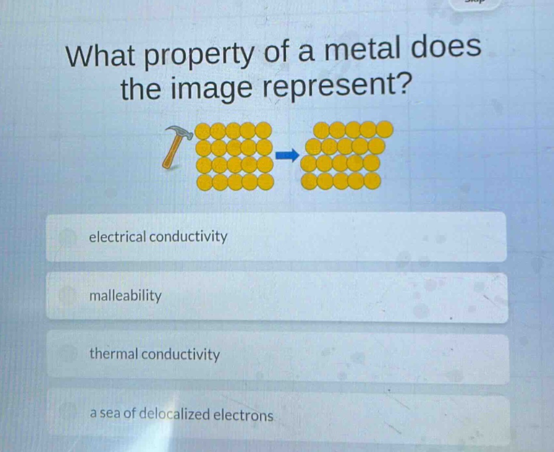 what property of a metal does the image represent? electrical conductivity malleability thermal conductivity a sea of delocalized electrons