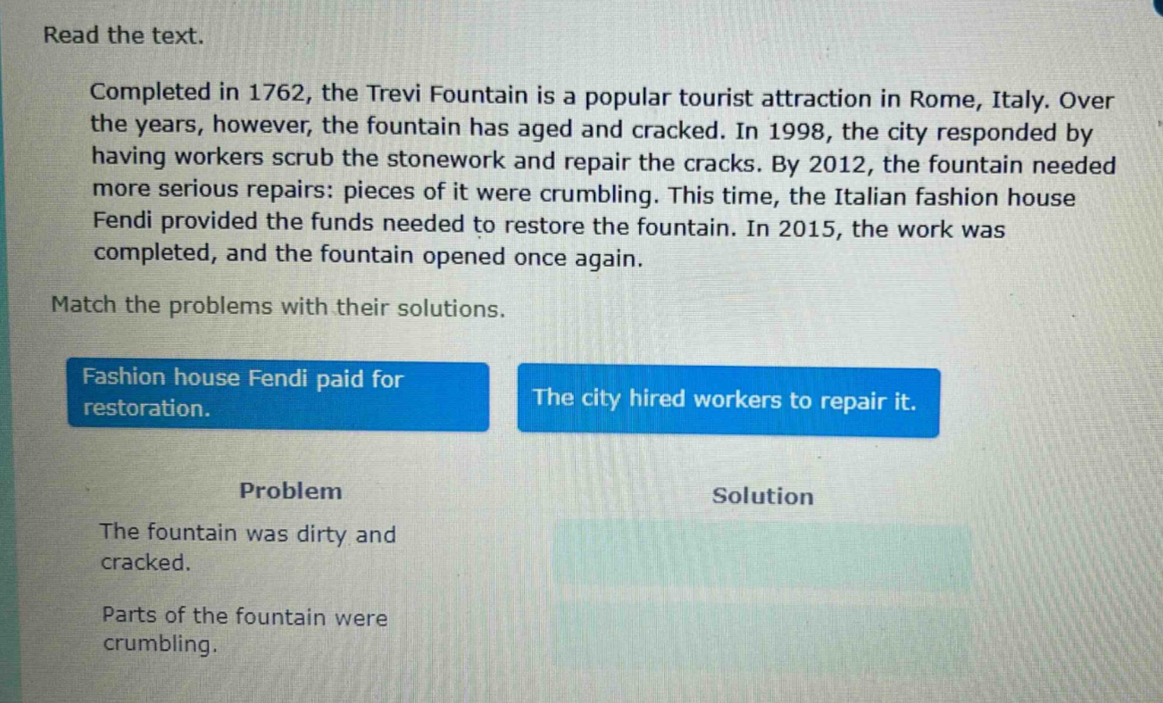 read the text. completed in 1762, the trevi fountain is a popular tourist attraction in rome, italy. over the years, however, the fountain has aged and cracked. in 1998, the city responded by having workers scrub the stonework and repair the cracks. by 2012, the fountain needed more serious repairs: pieces of it were crumbling. this time, the italian fashion house fendi provided the funds needed to restore the fountain. in 2015, the work was completed, and the fountain opened once again. match the problems with their solutions. fashion house fendi paid for restoration. the city hired workers to repair it. problem solution the fountain was dirty and cracked. parts of the fountain were crumbling.