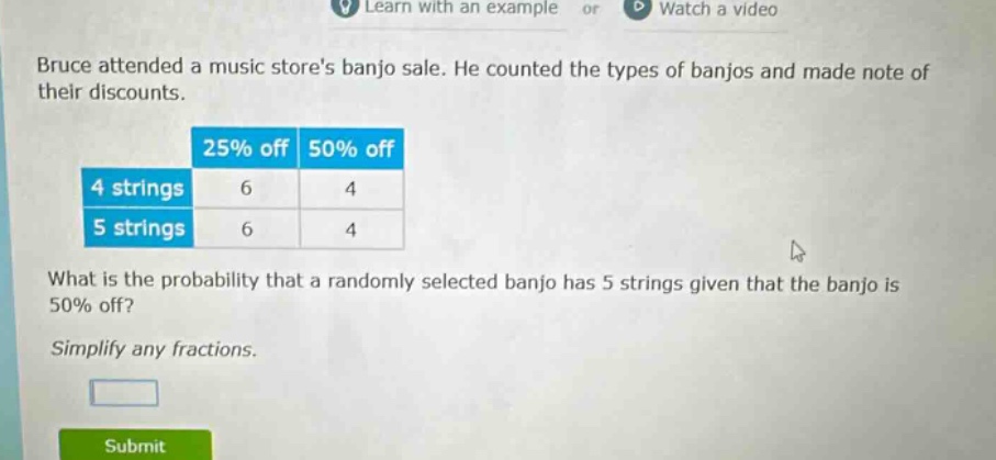 bruce attended a music stores banjo sale. he counted the types of banjos and made note of their discounts. what is the probability that a randomly selected banjo has 5 strings given that the banjo is 50% off? simplify any fractions.
