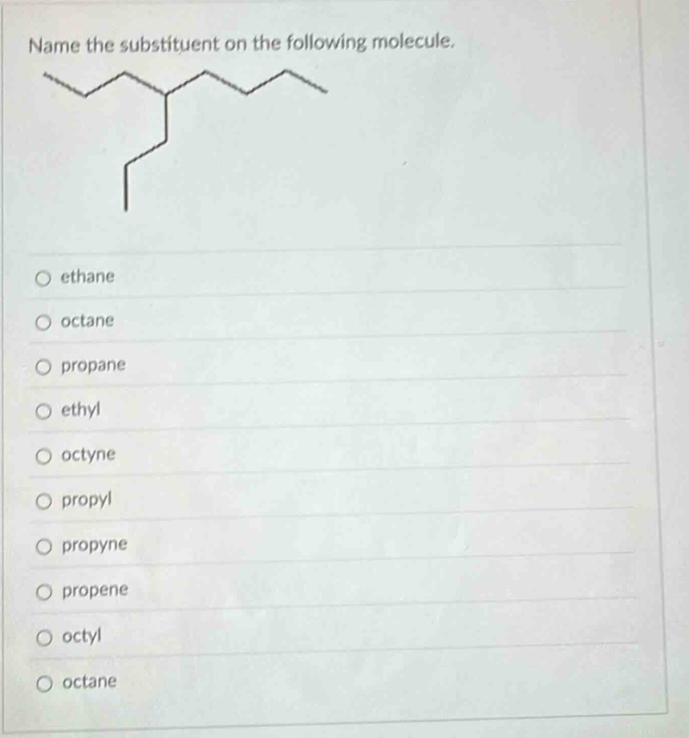 name the substituent on the following molecule. ethane octane propane ethyl octyne propyl propyne propene octyl octane