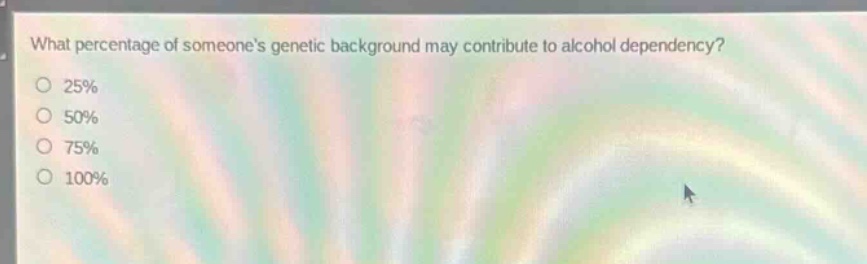 what percentage of someones genetic background may contribute to alcohol dependency?\n25%\n50%\n75%\n100%