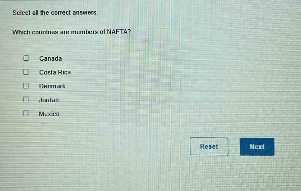 select all the correct answers. which countries are members of nafta? canada costa rica denmark jordan mexico