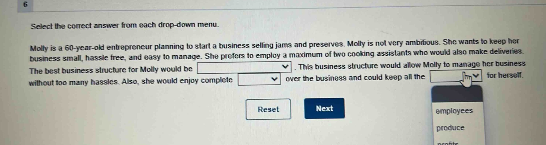 select the correct answer from each drop - down menu. molly is a 60 - year - old entrepreneur planning to start a business selling jams and preserves. molly is not very ambitious. she wants to keep her business small, hassle free, and easy to manage. she prefers to employ a maximum of two cooking assistants who would also make deliveries. the best business structure for molly would be. this business structure would allow molly to manage her business without too many hassles. also, she would enjoy complete over the business and could keep all the for herself. reset next employees produce profits