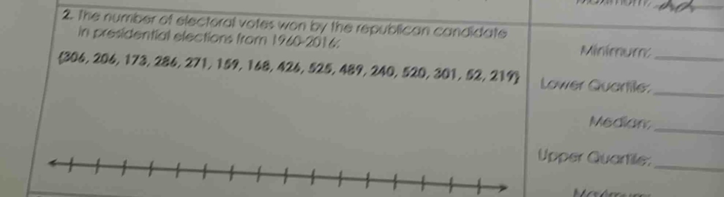 2. the number of electoral votes won by the republican candidate in presidential elections from 1960 - 2016: {306, 206, 173, 286, 271, 159, 168, 426, 525, 489, 240, 520, 301, 52, 219} minimum: ____ lower quartile: ____ median: ____ upper quartile: ____ maximum: ____
