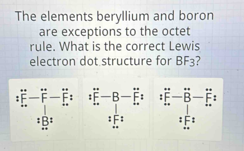 the elements beryllium and boron are exceptions to the octet rule. what is the correct lewis electron dot structure for bf3?