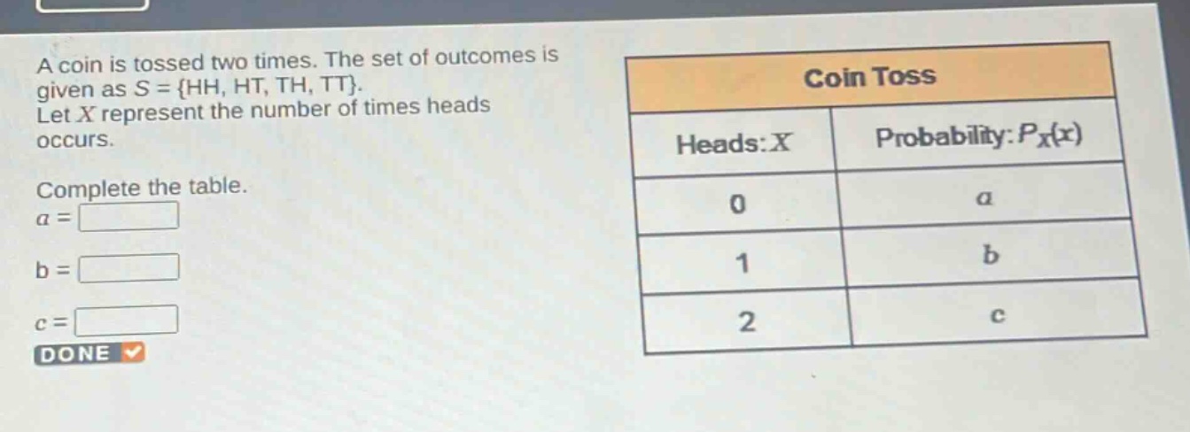 a coin is tossed two times. the set of outcomes is given as s = {hh, ht, th, tt}. let x represent the number of times heads occurs. complete the table. a = b = c = done