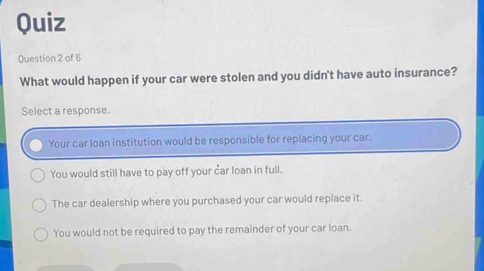 quiz\nquestion 2 of 6\nwhat would happen if your car were stolen and you didn’t have auto insurance?\nselect a response.\nyour car loan institution would be responsible for replacing your car.\nyou would still have to pay off your car loan in full.\nthe car dealership where you purchased your car would replace it.\nyou would not be required to pay the remainder of your car loan.