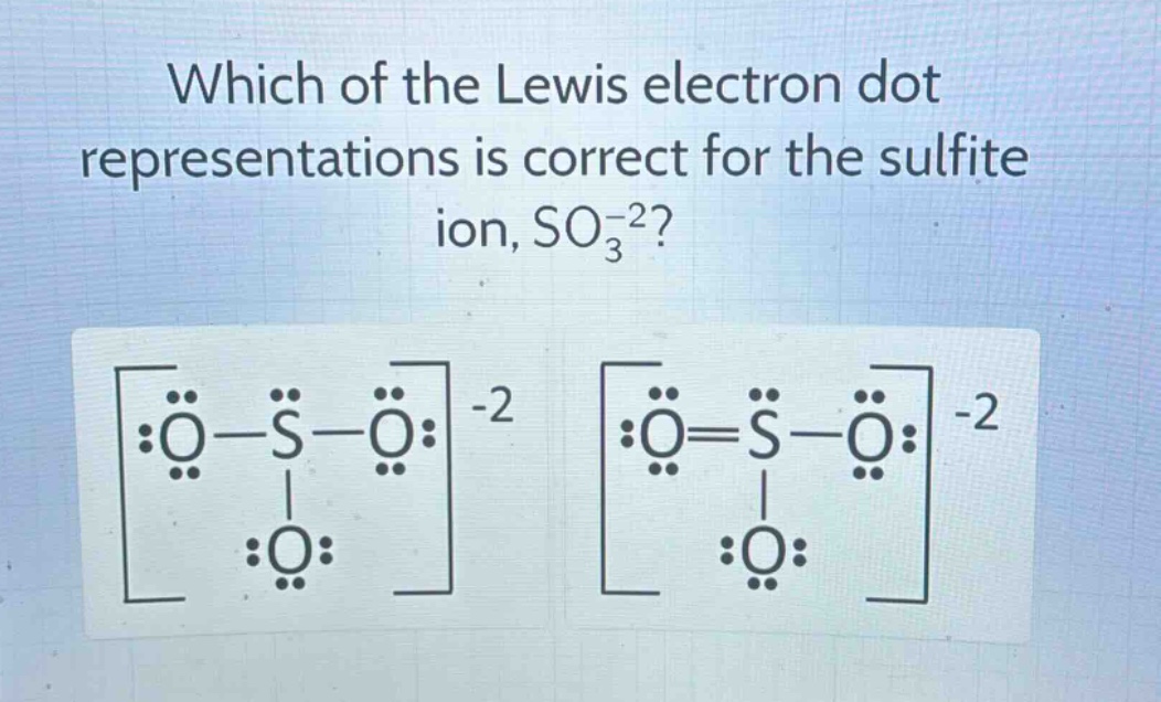 which of the lewis electron dot representations is correct for the sulfite ion, so₃⁻²?