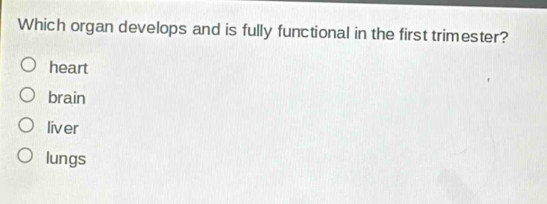 which organ develops and is fully functional in the first trimester?\no heart\no brain\no liver\no lungs