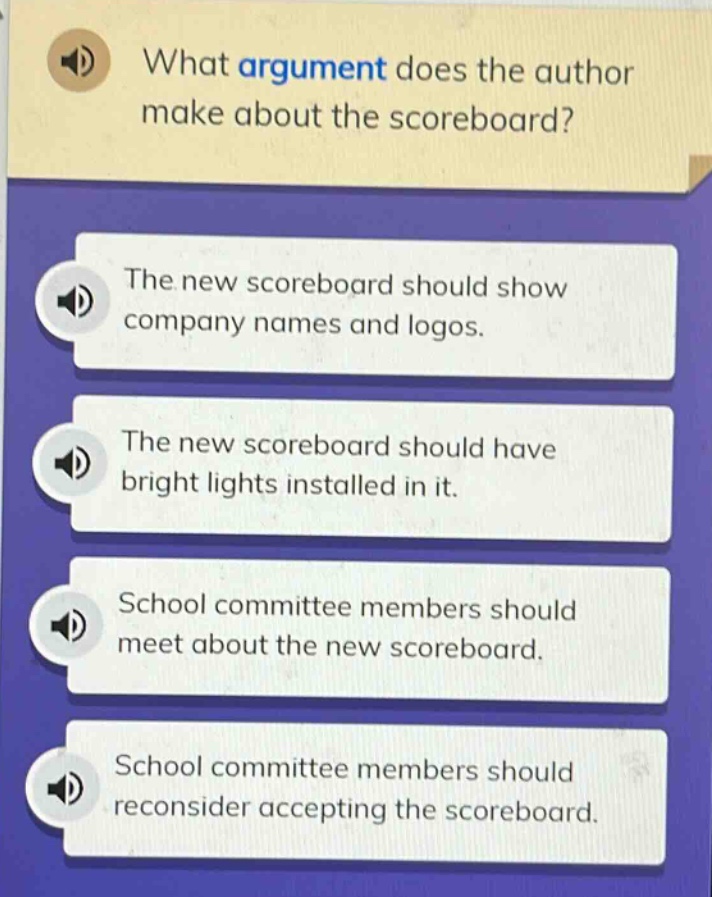 what argument does the author make about the scoreboard? the new scoreboard should show company names and logos. the new scoreboard should have bright lights installed in it. school committee members should meet about the new scoreboard. school committee members should reconsider accepting the scoreboard.