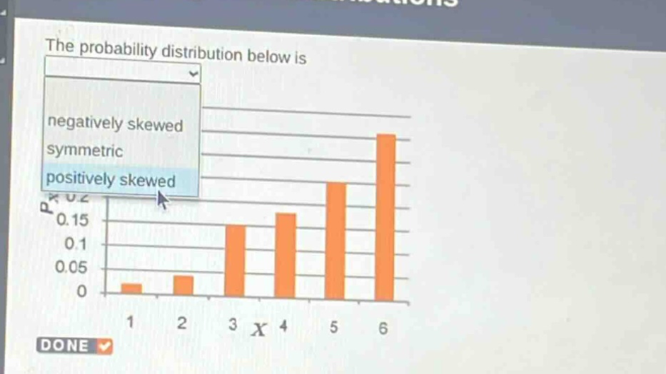 the probability distribution below is negatively skewed symmetric positively skewed done
