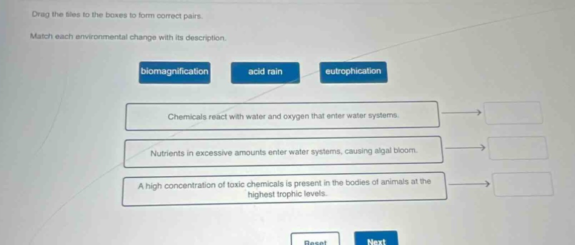 drag the tiles to the boxes to form correct pairs. match each environmental change with its description. biomagnification acid rain eutrophication chemicals react with water and oxygen that enter water systems. nutrients in excessive amounts enter water systems, causing algal bloom. a high concentration of toxic chemicals is present in the bodies of animals at the highest trophic levels.