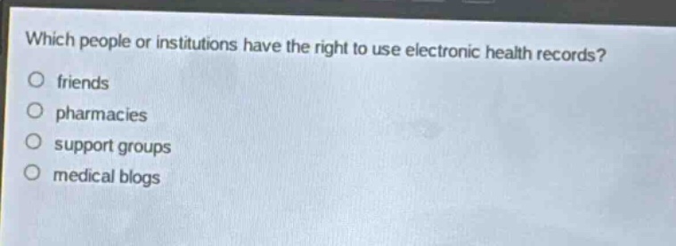 which people or institutions have the right to use electronic health records?\nfriends\npharmacies\nsupport groups\nmedical blogs