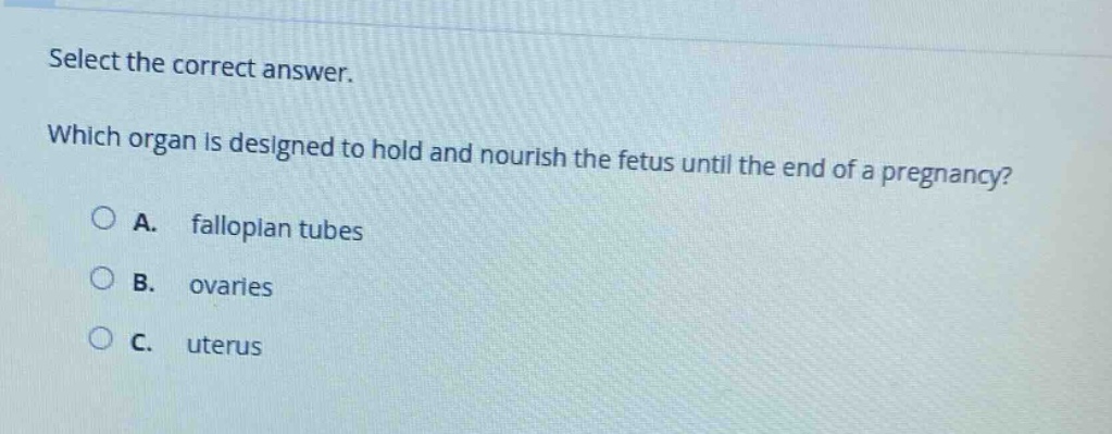 select the correct answer. which organ is designed to hold and nourish the fetus until the end of a pregnancy? a. fallopian tubes b. ovaries c. uterus
