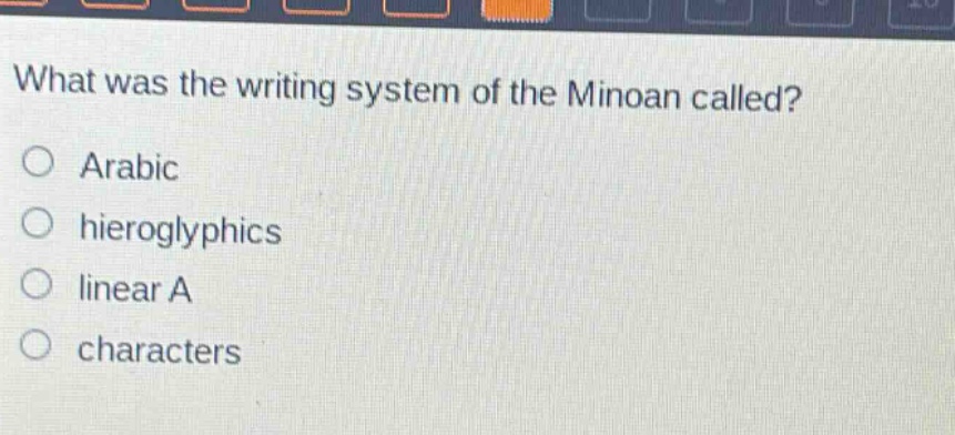 what was the writing system of the minoan called?\no arabic\no hieroglyphics\no linear a\no characters