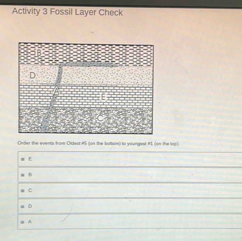 activity 3 fossil layer check order the events from oldest #5 (on the bottom) to youngest #1 (on the top). e b c d a