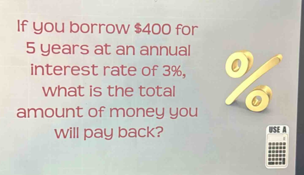 if you borrow $400 for 5 years at an annual interest rate of 3%, what is the total amount of money you will pay back?