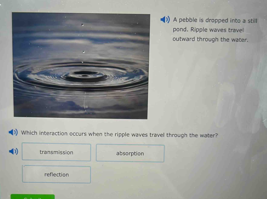 a pebble is dropped into a still pond. ripple waves travel outward through the water. which interaction occurs when the ripple waves travel through the water? transmission absorption reflection