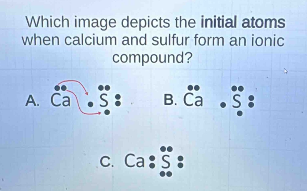 which image depicts the initial atoms when calcium and sulfur form an ionic compound? a. ca s b. ca s c. ca s