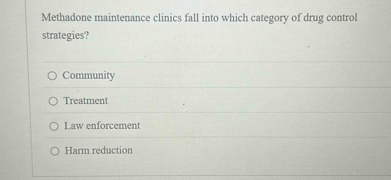 methadone maintenance clinics fall into which category of drug control strategies? community treatment law enforcement harm reduction