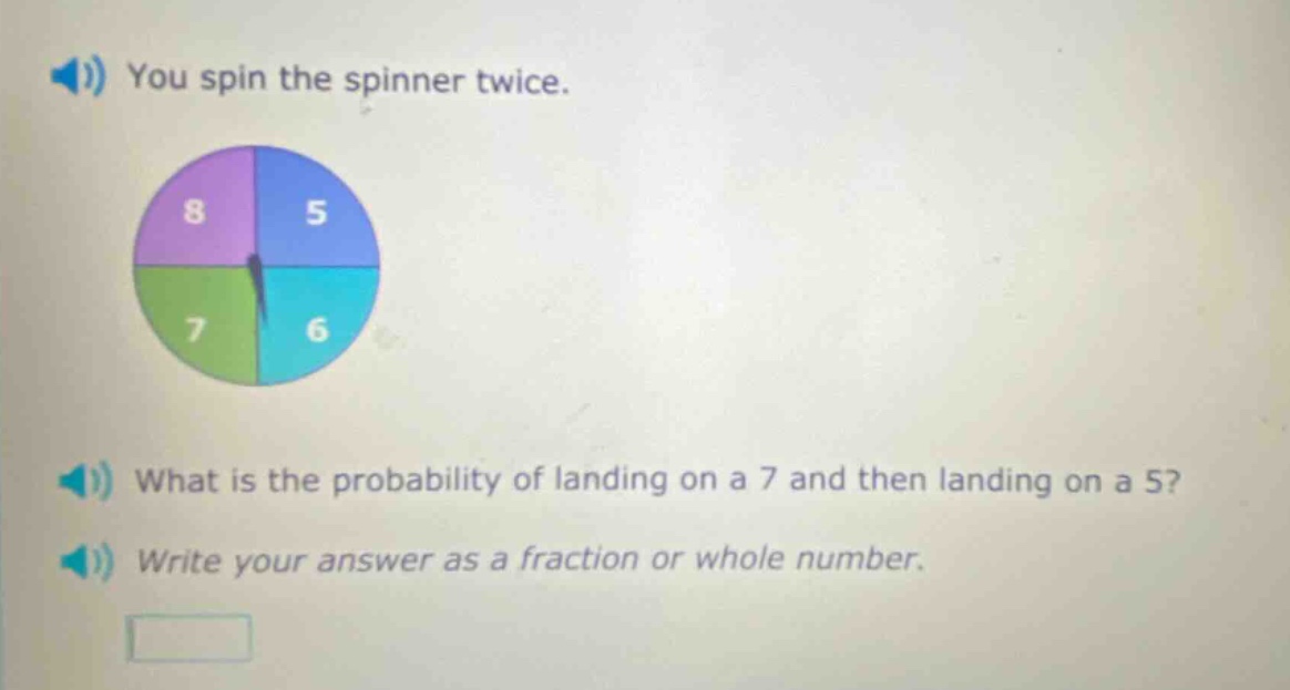 you spin the spinner twice. what is the probability of landing on a 7 and then landing on a 5? write your answer as a fraction or whole number.