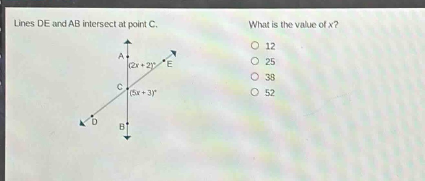 lines de and ab intersect at point c. what is the value of x? (2x + 2)° (5x + 3)° o 12 o 25 o 38 o 52