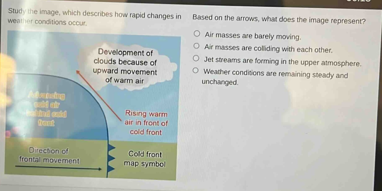 study the image, which describes how rapid changes in weather conditions occur. based on the arrows, what does the image represent? air masses are barely moving. air masses are colliding with each other. jet streams are forming in the upper atmosphere. weather conditions are remaining steady and unchanged. development of clouds because of upward movement of warm air advancing cold air behind cold front rising warm air in front of cold front direction of frontal movement cold front map symbol