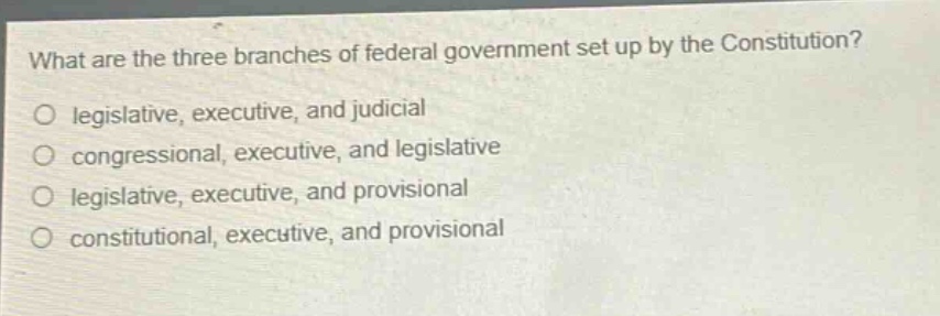what are the three branches of federal government set up by the constitution?\no legislative, executive, and judicial\no congressional, executive, and legislative\no legislative, executive, and provisional\no constitutional, executive, and provisional