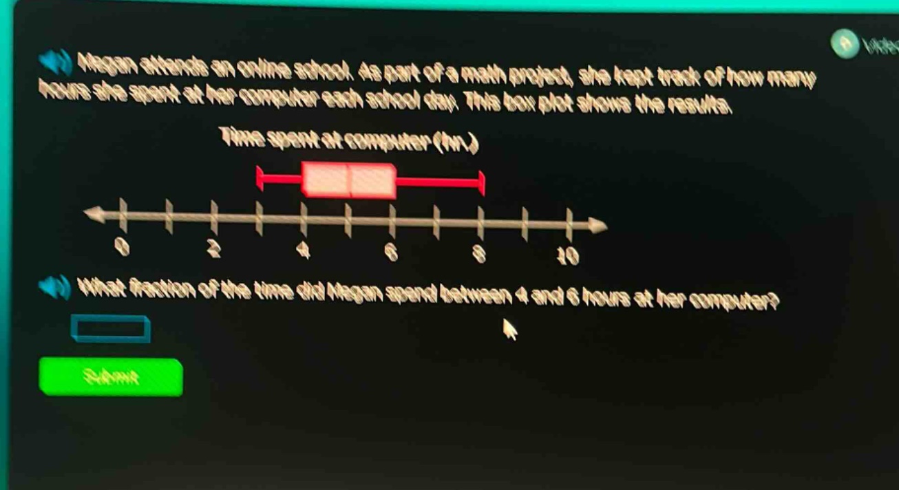 megan attends an online school. as part of a math project, she kept track of how many hours she spent at her computer each school day. this box - plot shows the results. time spent at computer (hr.) what fraction of the time did megan spend between 4 and 6 hours at her computer?
