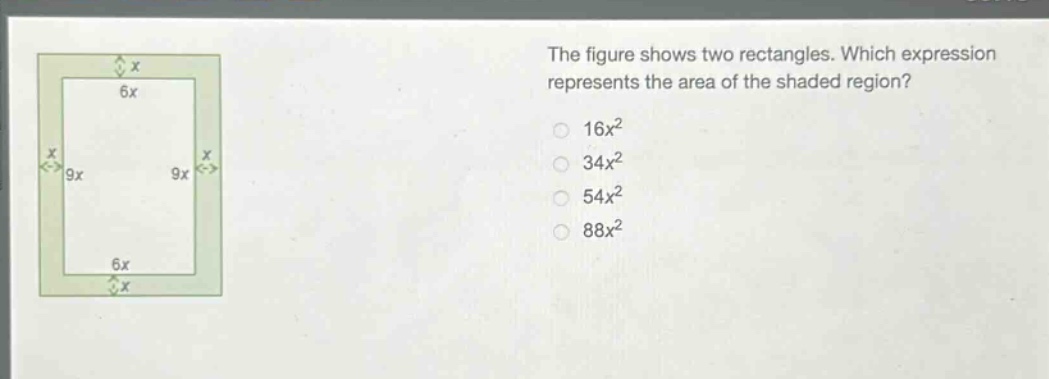the figure shows two rectangles. which expression represents the area of the shaded region? 16x² 34x² 54x² 88x²
