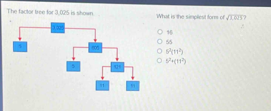 the factor tree for 3,025 is shown. what is the simplest form of √3,025? 16 55 5²(11²) 5²+(11²)
