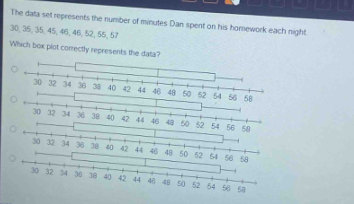 the data set represents the number of minutes dan spent on his homework each night. 30, 35, 35, 45, 46, 46, 52, 55, 57 which box - plot correctly represents the data?