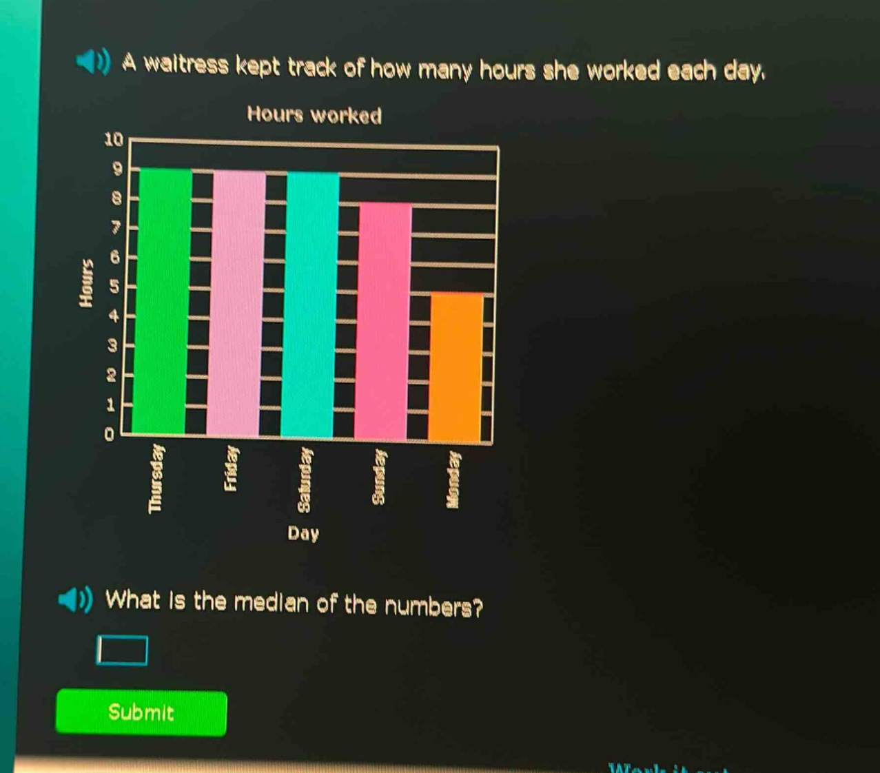 a waitress kept track of how many hours she worked each day. what is the median of the numbers?