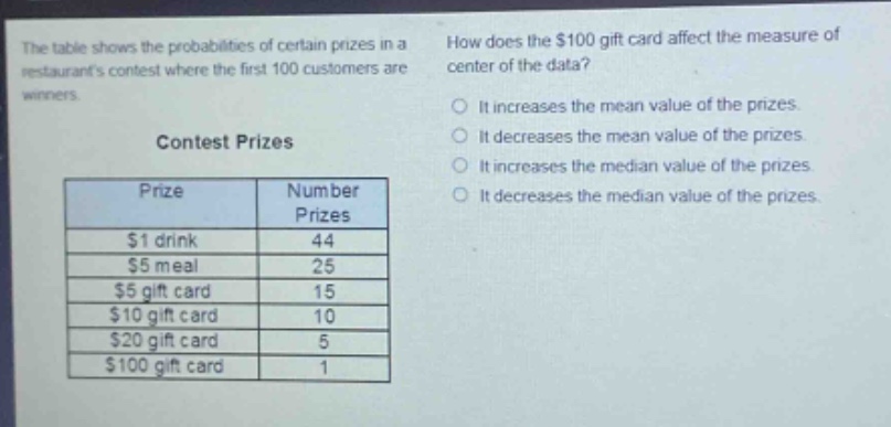 the table shows the probabilities of certain prizes in a restaurants contest where the first 100 customers are winners. how does the $100 gift card affect the measure of center of the data? contest prizes prize number prizes $1 drink 44 $5 meal 25 $5 gift card 15 $10 gift card 10 $20 gift card 5 $100 gift card 1 it increases the mean value of the prizes. it decreases the mean value of the prizes. it increases the median value of the prizes. it decreases the median value of the prizes.
