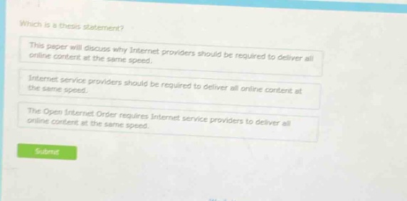 which is a thesis statement? this paper will discuss why internet providers should be required to deliver all online content at the same speed. internet service providers should be required to deliver all online content at the same speed. the open internet order requires internet service providers to deliver all online content at the same speed.