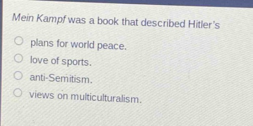 mein kampf was a book that described hitlers\nplans for world peace.\nlove of sports.\nanti - semitism.\nviews on multiculturalism.