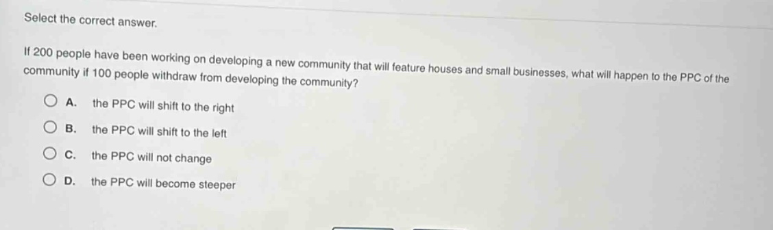 select the correct answer. if 200 people have been working on developing a new community that will feature houses and small businesses, what will happen to the ppc of the community if 100 people withdraw from developing the community? a. the ppc will shift to the right b. the ppc will shift to the left c. the ppc will not change d. the ppc will become steeper